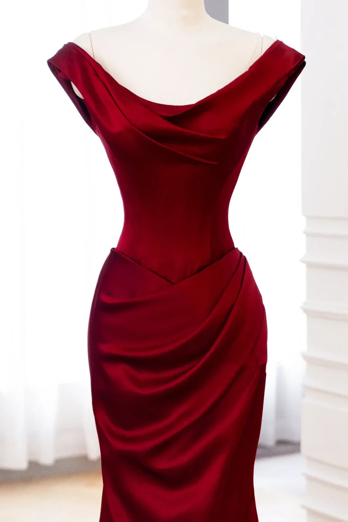 Elegant Mermaid Cowl Neck Satin Burgundy Long Prom Dress Evening Dress