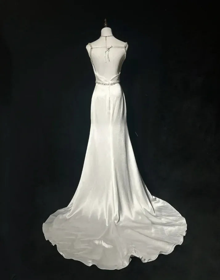 Elegant Mermaid Cowl Neck Sleeveless Beaded Ivory Maxi Prom Dress for Women Custom