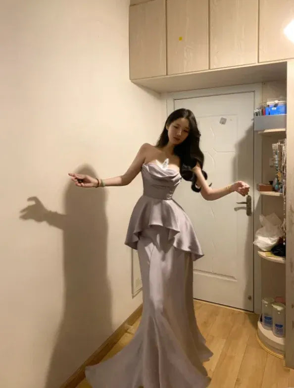 Elegant Mermaid Cowl Neck Strapless Peplum Dusty Lavender Maxi Prom Dress for Women Custom