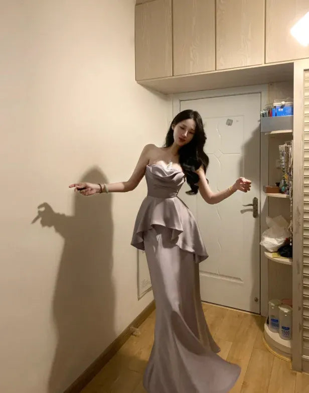 Elegant Mermaid Cowl Neck Strapless Peplum Dusty Lavender Maxi Prom Dress for Women Custom