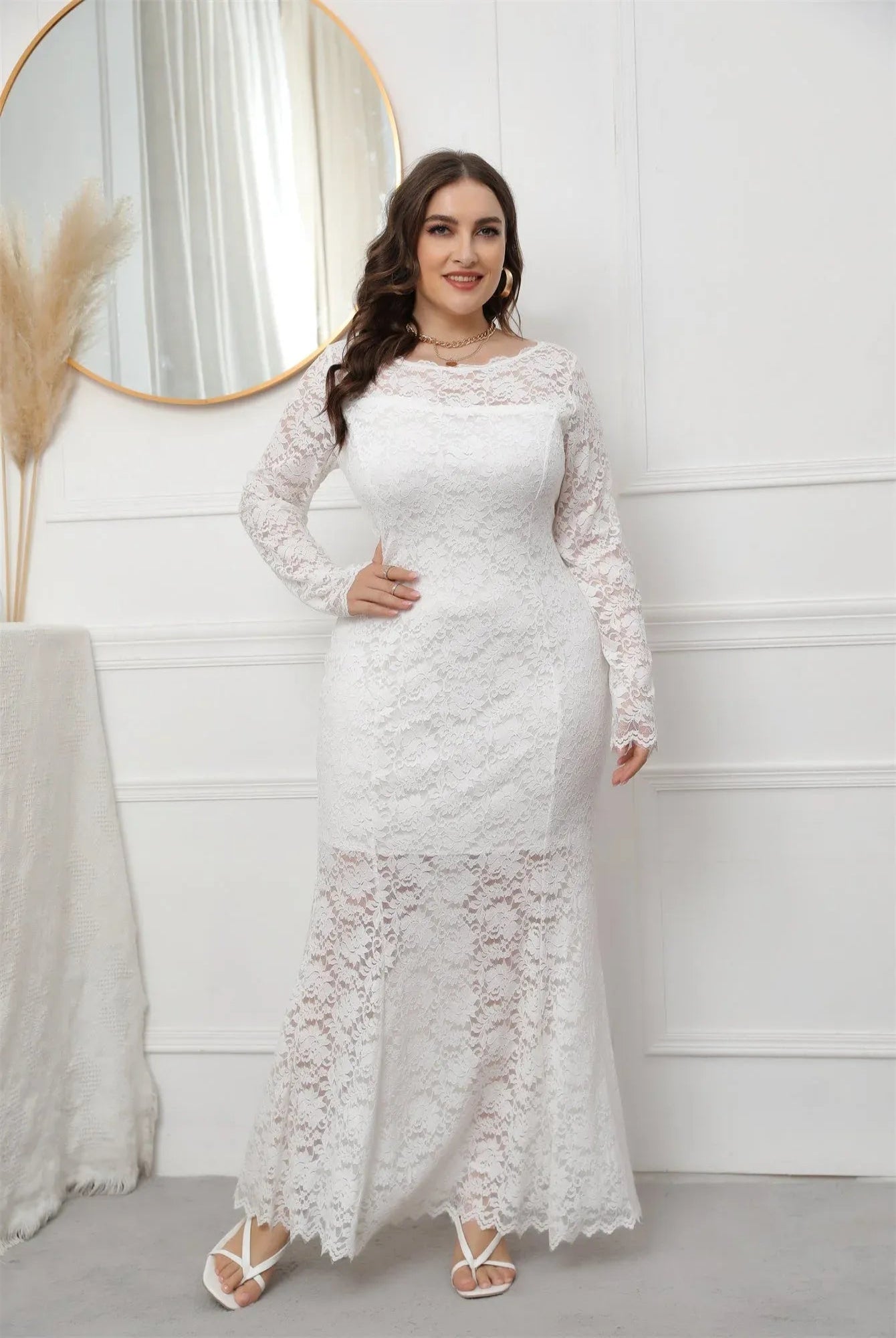 Elegant Mermaid Crew-Neck Long-Sleeve Lace-Accent White Plus-Size Prom Dress for Women Ready to Ship