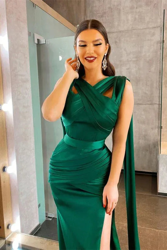 Elegant Mermaid Cross Neck Ruched Slit Emerald Train Prom Dress For Women For Sale