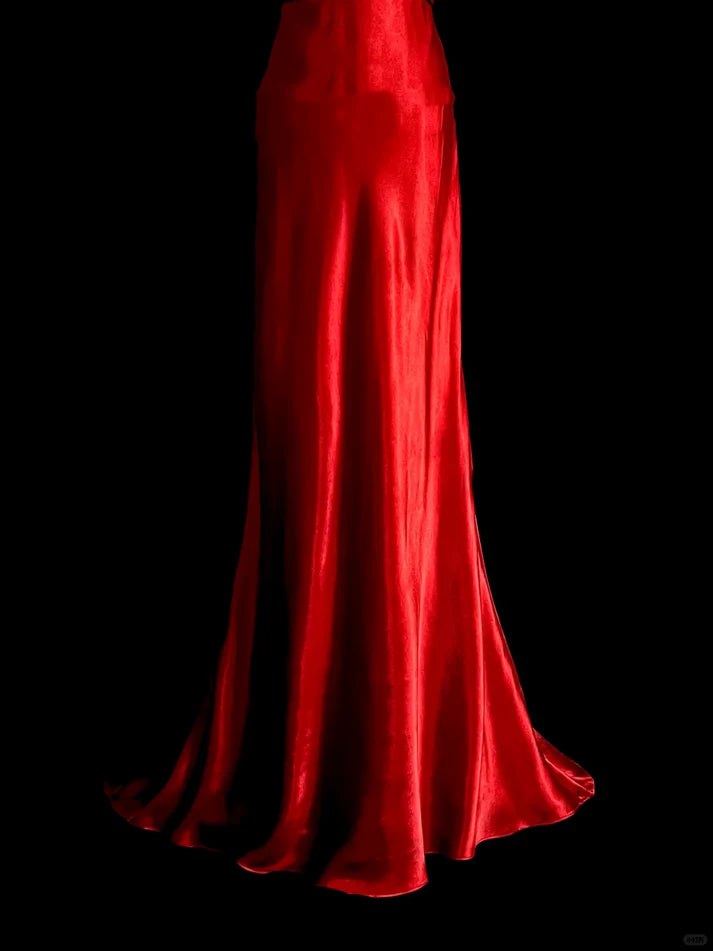 Elegant Mermaid Deep V Neck Satin Red Long Prom Dress Evening Dress