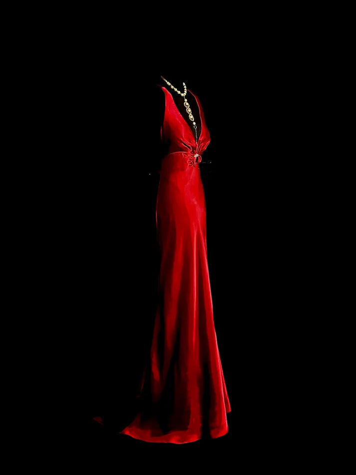 Elegant Mermaid Deep V Neck Satin Red Long Prom Dress Evening Dress