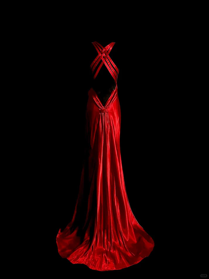 Elegant Mermaid Deep V Neck Satin Red Long Prom Dress Evening Dress