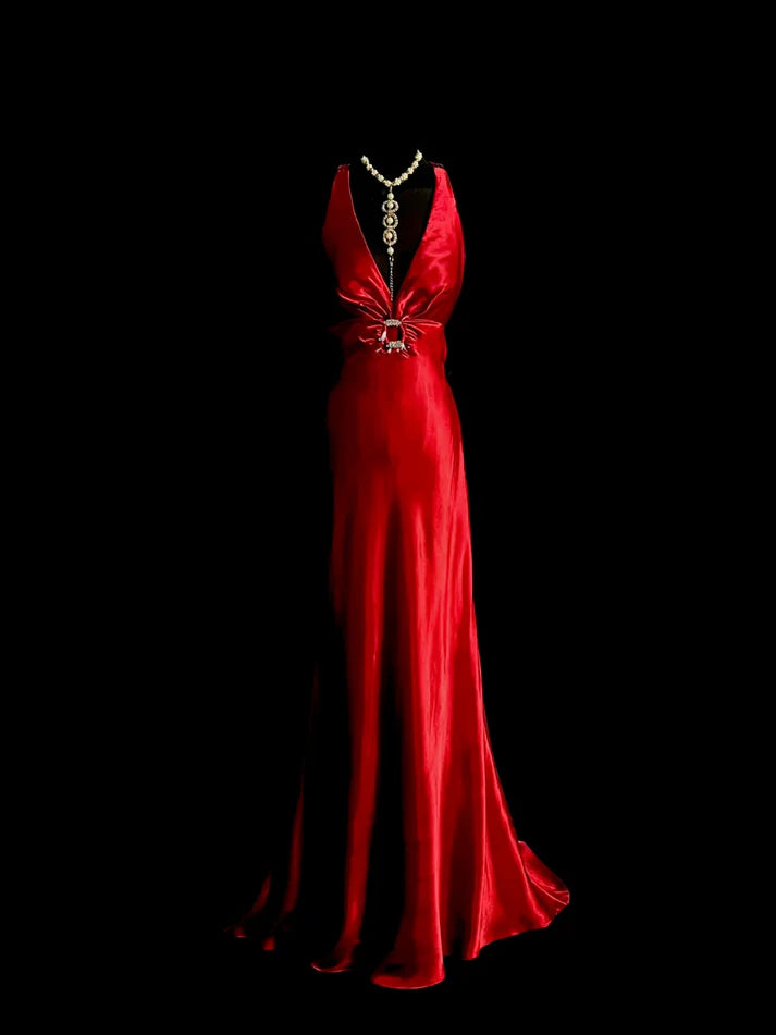 Elegant Mermaid Deep V Neck Satin Red Long Prom Dress Evening Dress