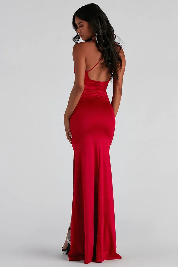 Elegant Mermaid Deep V Sleeveless Ruched Satin Burgundy Maxi Evening Dress for Women