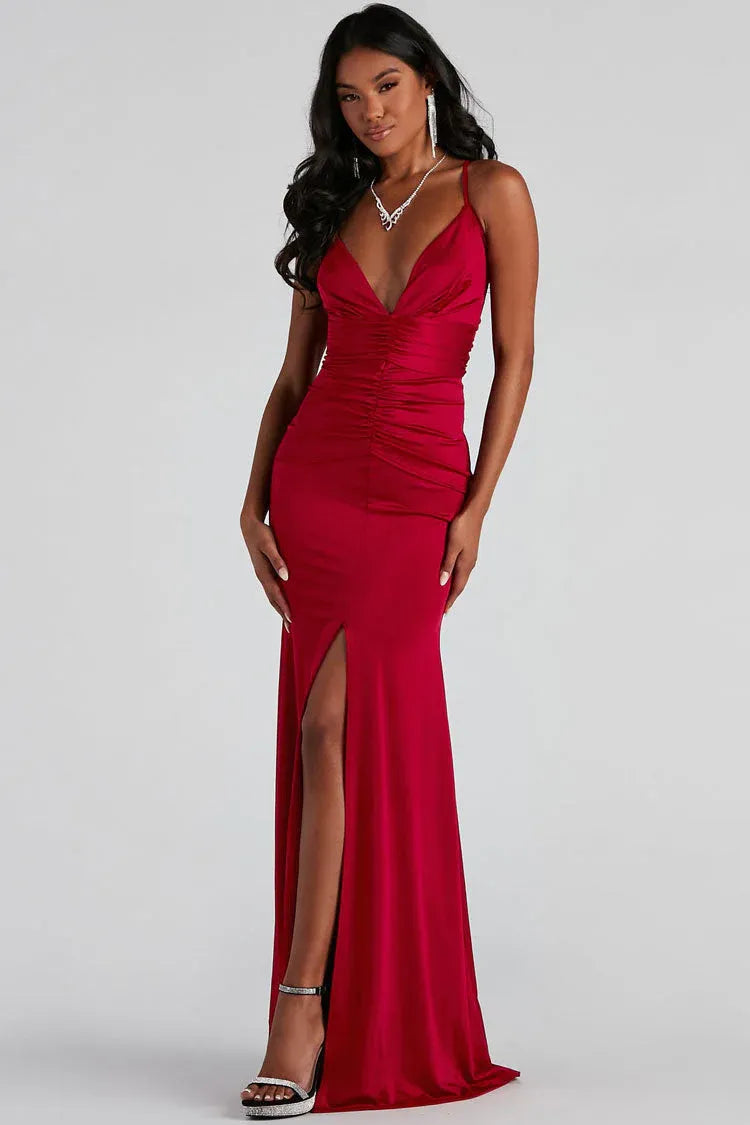 Elegant Mermaid Deep V Sleeveless Ruched Satin Burgundy Maxi Evening Dress for Women