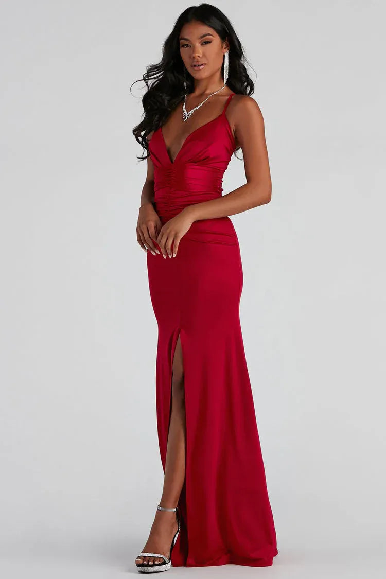 Elegant Mermaid Deep V Sleeveless Ruched Satin Burgundy Maxi Evening Dress for Women