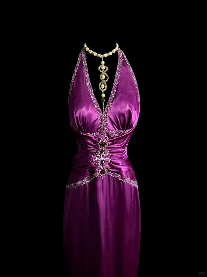 Elegant Mermaid Halter Beaded Satin Grape Long Prom Dress Evening Dress