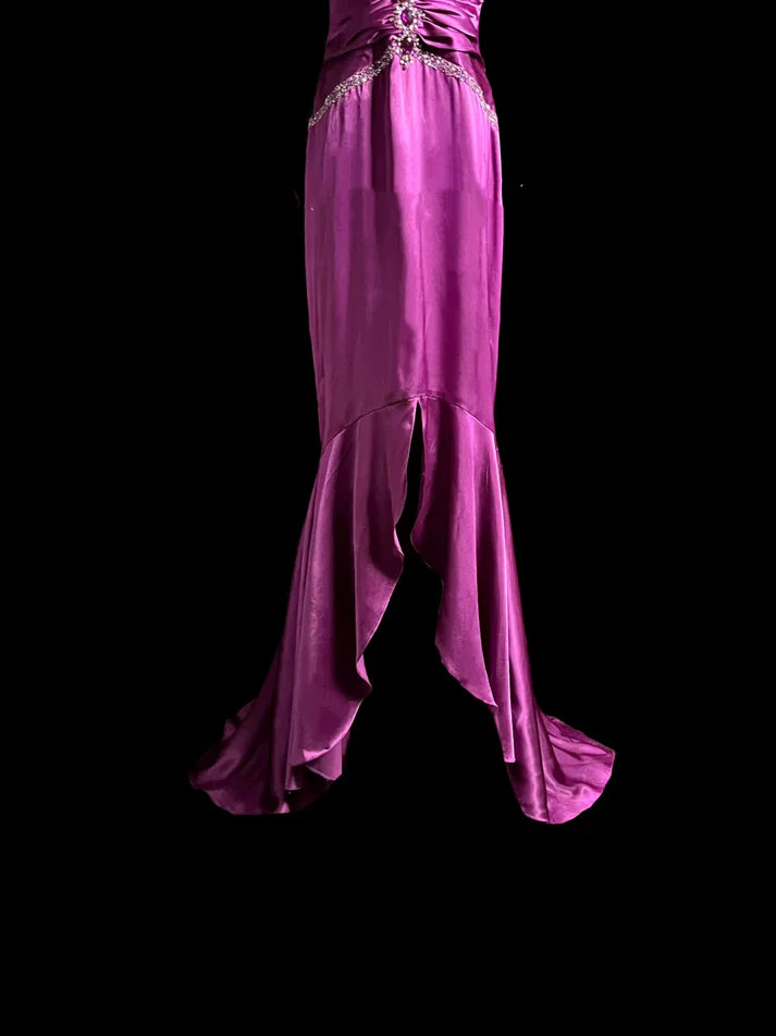 Elegant Mermaid Halter Beaded Satin Grape Long Prom Dress Evening Dress