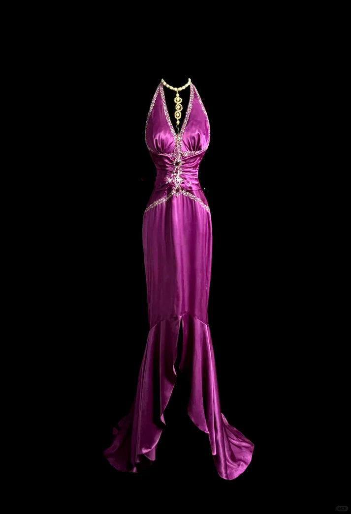 Elegant Mermaid Halter Beaded Satin Grape Long Prom Dress Evening Dress