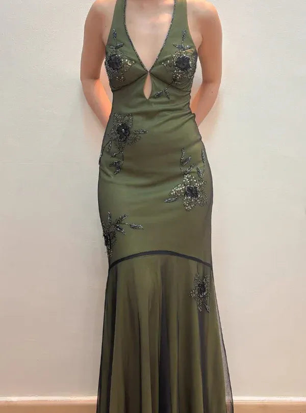 Elegant Mermaid Halter Beaded Sequin Olive Green Maxi Prom Dress