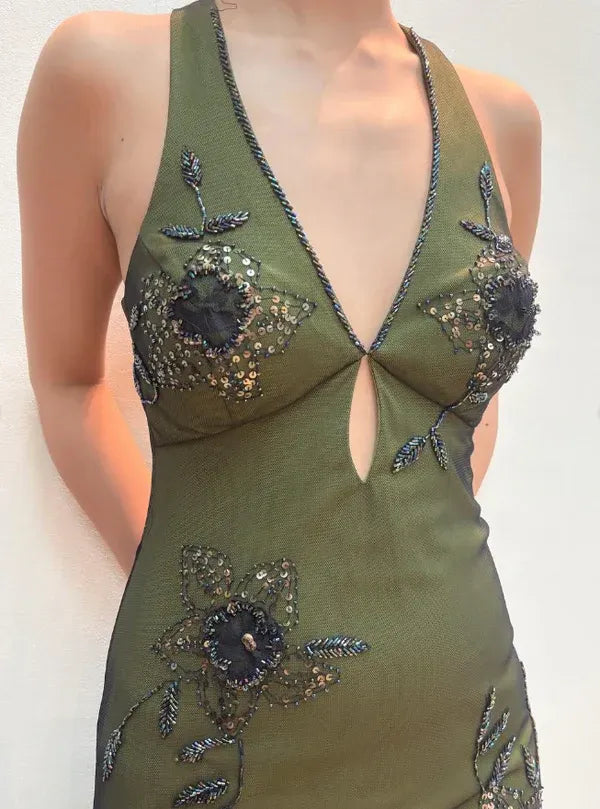 Elegant Mermaid Halter Beaded Sequin Olive Green Maxi Prom Dress