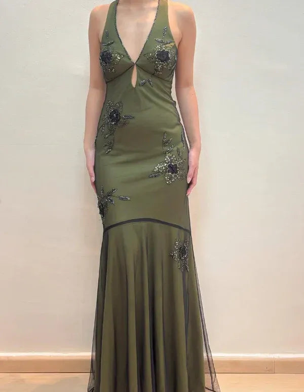 Elegant Mermaid Halter Beaded Sequin Olive Green Maxi Prom Dress