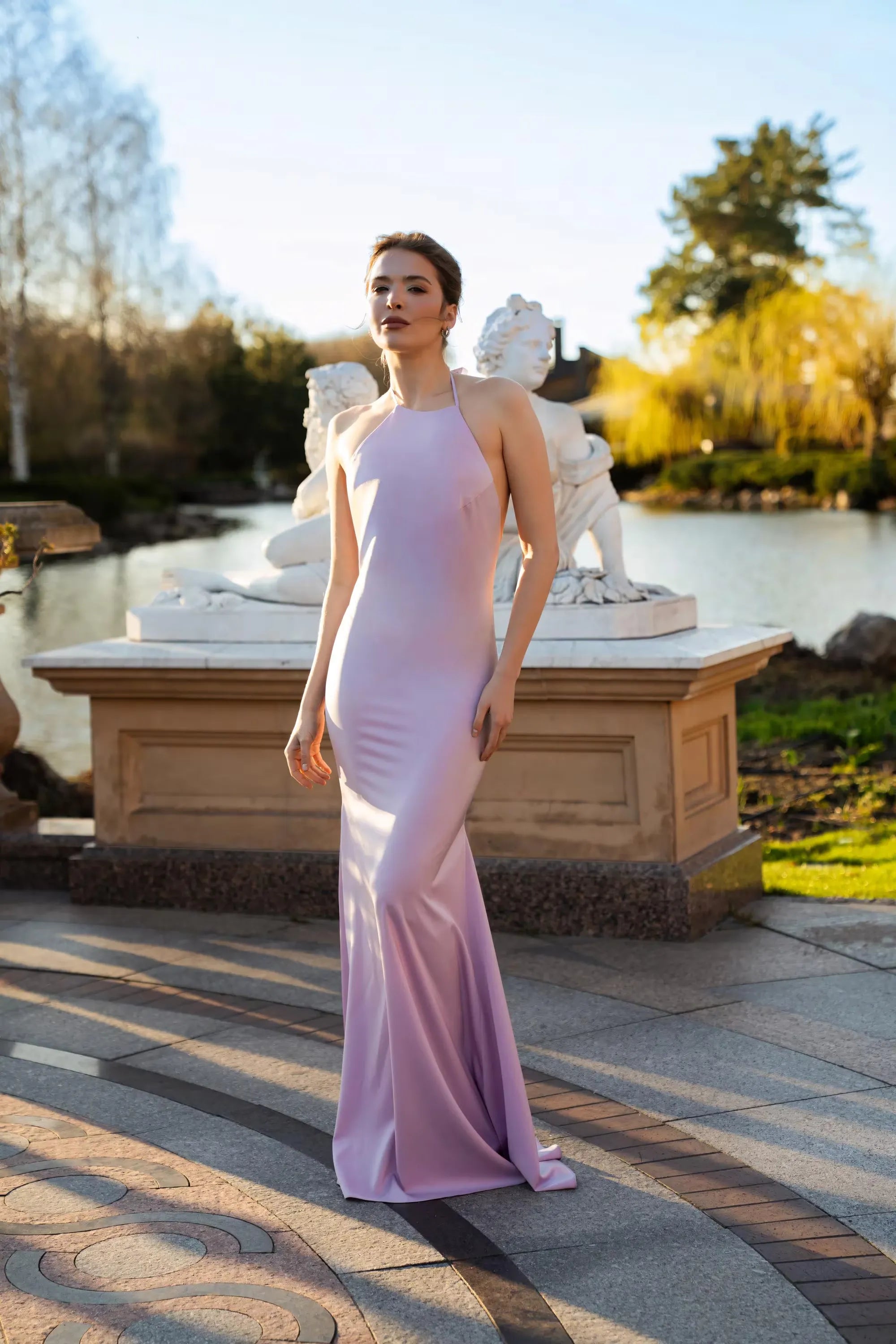 Elegant Mermaid Halter Floral Open-Back Satin Lavender Floor-Length Prom Dress