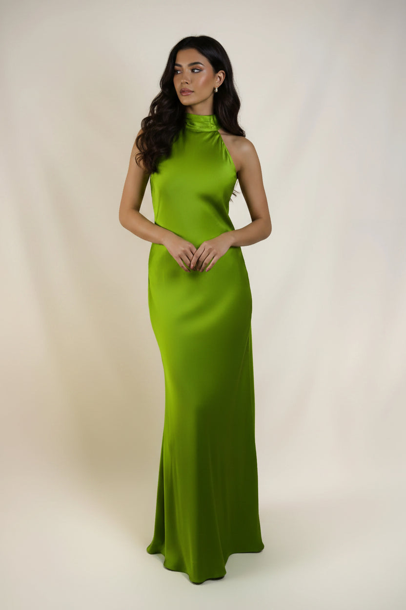 Elegant Mermaid Halter Neck Open-Back Satin Green Floor-Length Prom Dress