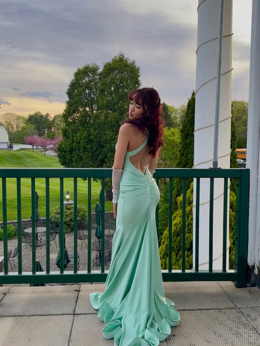 Elegant Mermaid Halter Ruched Satin Mint Green Prom Dress With Sweep Train