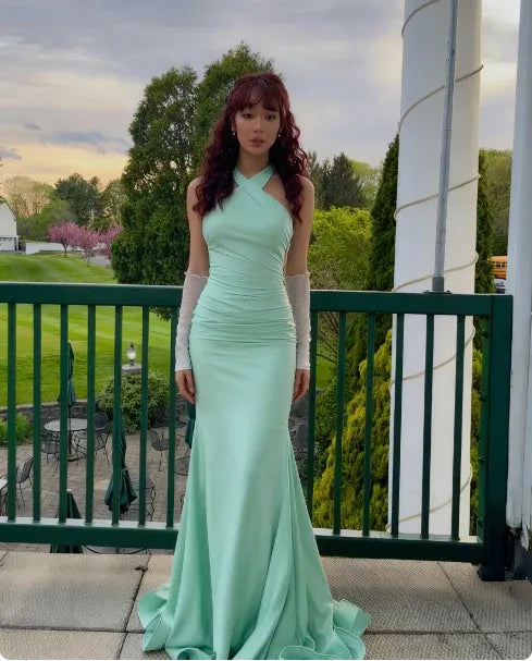 Elegant Mermaid Halter Ruched Satin Mint Green Prom Dress With Sweep Train