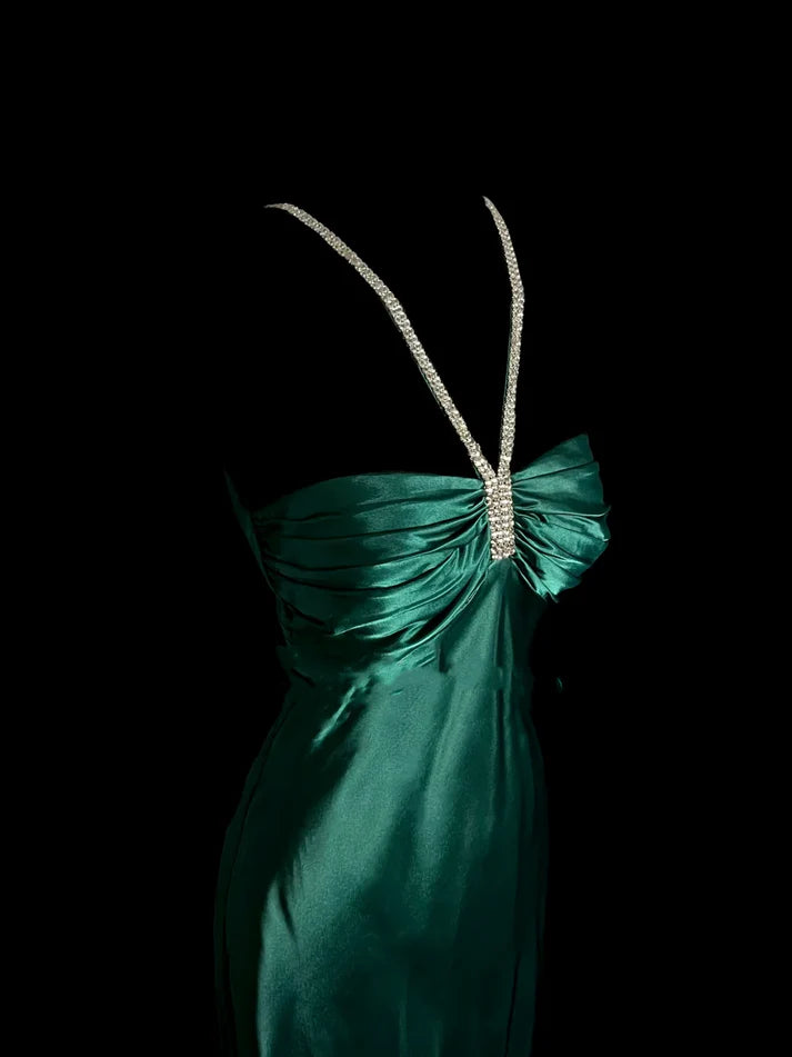 Elegant Mermaid Halter Satin Green Long Prom Dress Evening Dress With Rhinestones