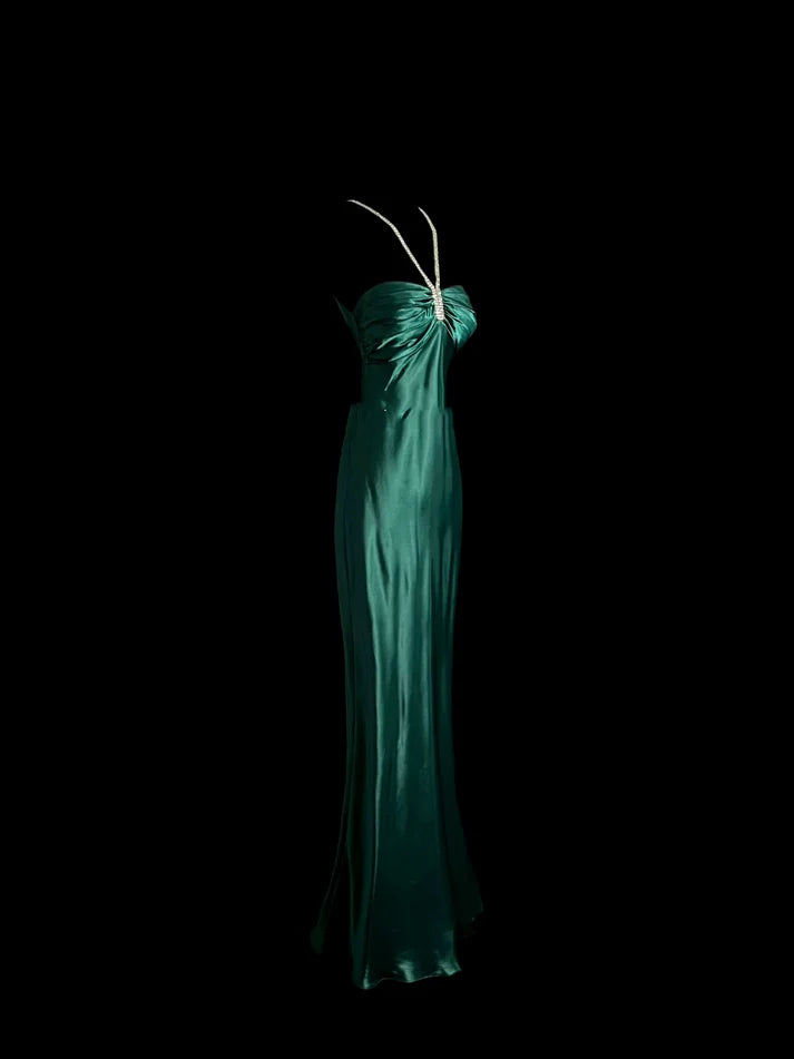 Elegant Mermaid Halter Satin Green Long Prom Dress Evening Dress With Rhinestones