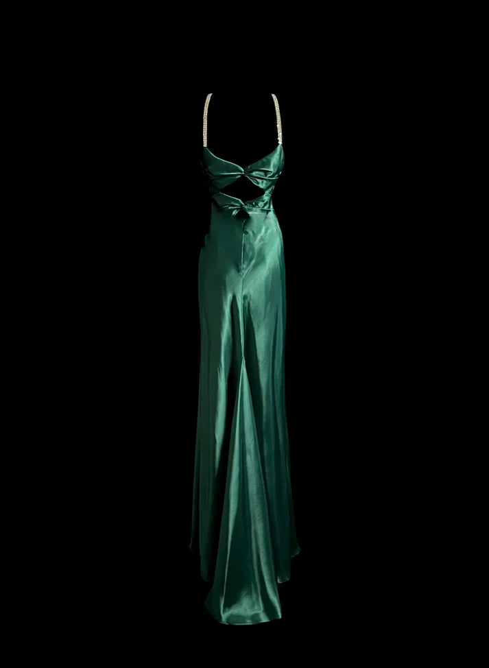 Elegant Mermaid Halter Satin Green Long Prom Dress Evening Dress With Rhinestones