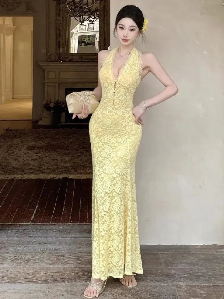 Elegant Mermaid Halter Sleeveless Lace-Accent Yellow Long Prom Dress for Women Ready to Ship