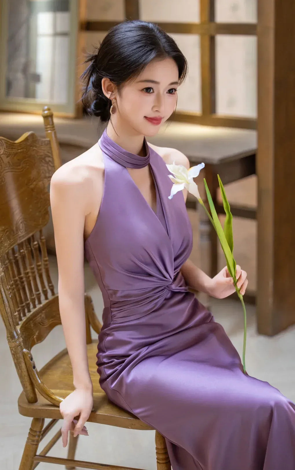 Elegant Mermaid Halter Twist Ruched Satin Purple Floor Length Prom Dress