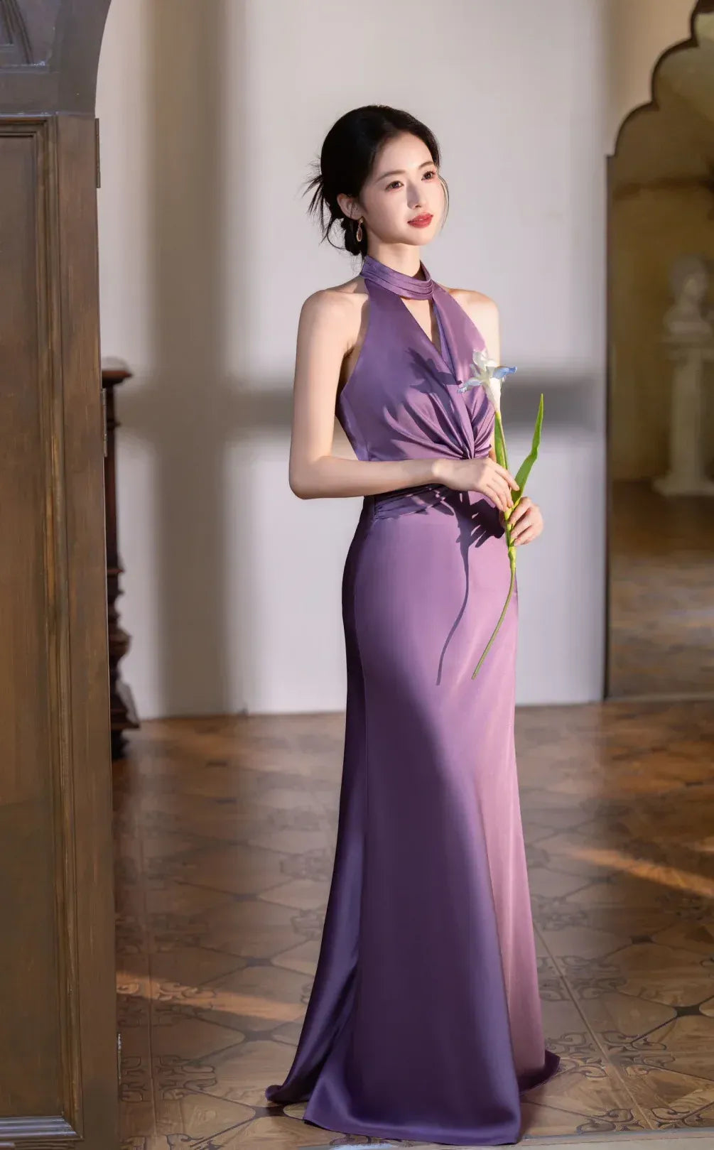 Elegant Mermaid Halter Twist Ruched Satin Purple Floor Length Prom Dress