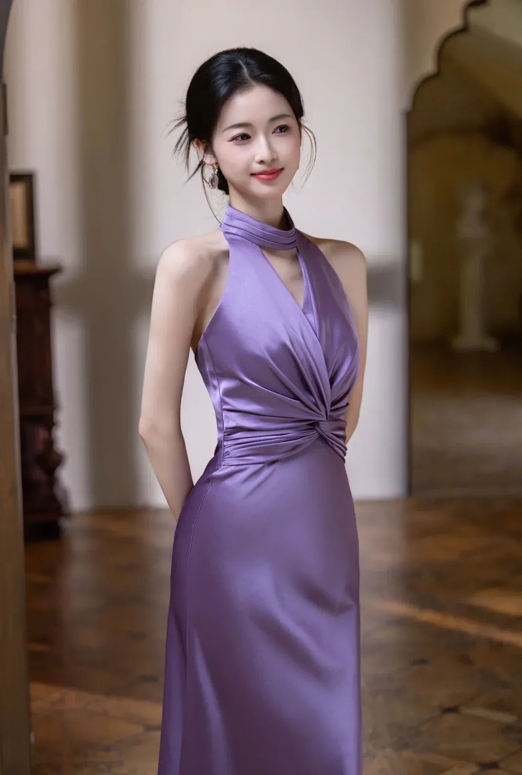 Elegant Mermaid Halter Twist Ruched Satin Purple Floor Length Prom Dress