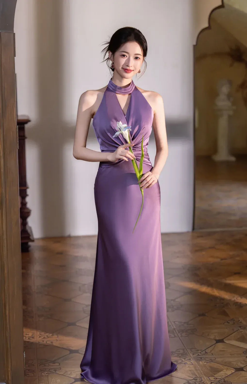 Elegant Mermaid Halter Twist Ruched Satin Purple Floor Length Prom Dress