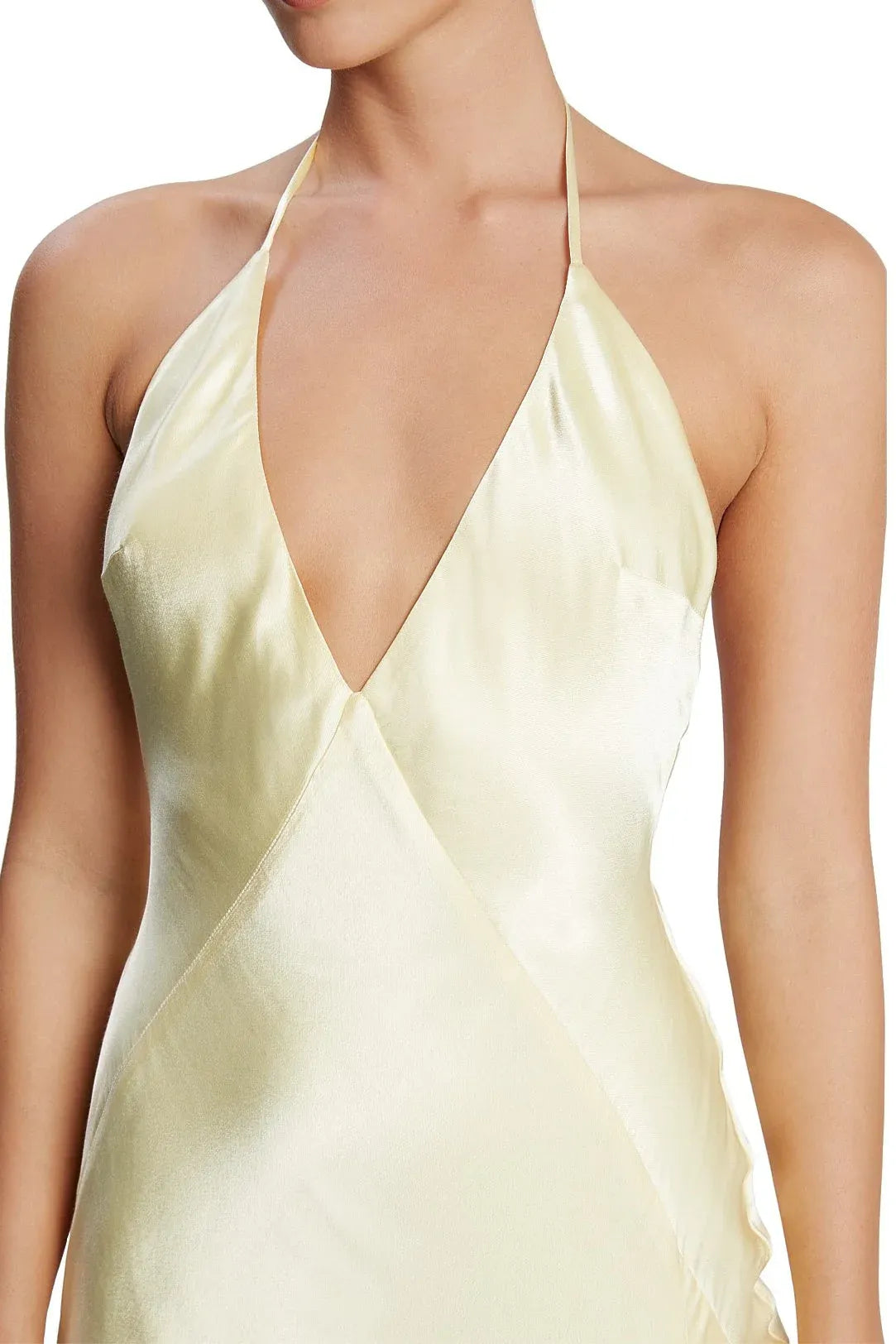 Elegant Mermaid Halter V-Neck Slit Yellow Floor Length Prom Dress With Button