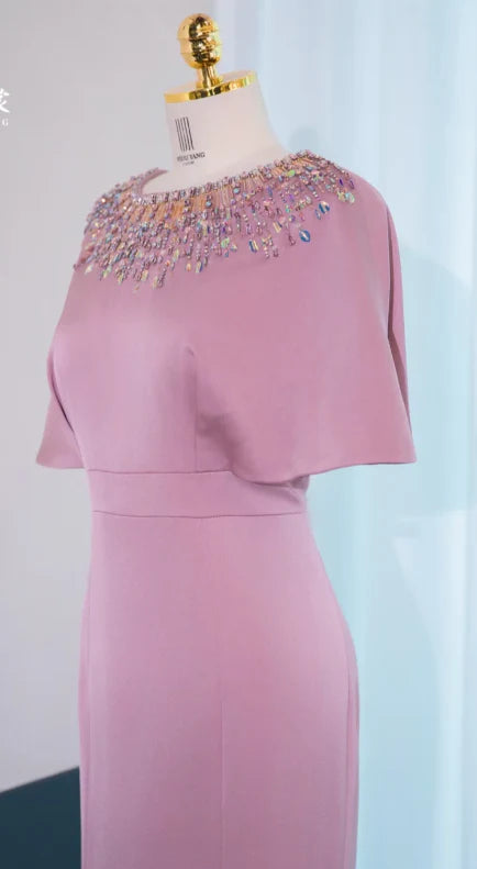 Elegant Mermaid Jewel Beaded Satin Dusty Pink Mother of the Bride Dresses