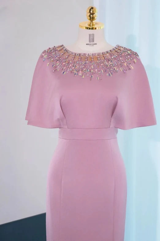 Elegant Mermaid Jewel Beaded Satin Dusty Pink Mother of the Bride Dresses