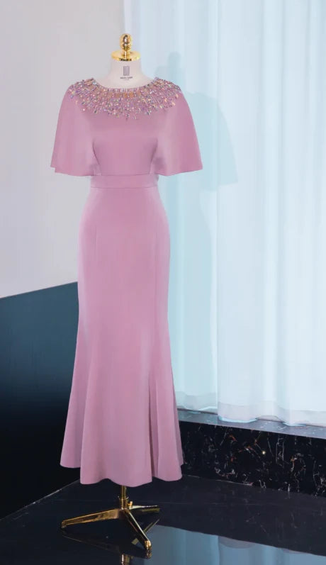 Elegant Mermaid Jewel Beaded Satin Dusty Pink Mother of the Bride Dresses