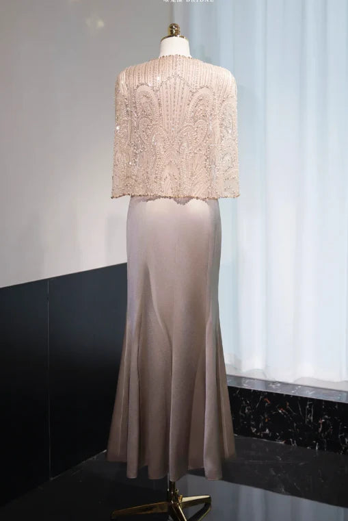 Elegant Mermaid Jewel Satin Champagne Mother of the Bride Dresses With Cape