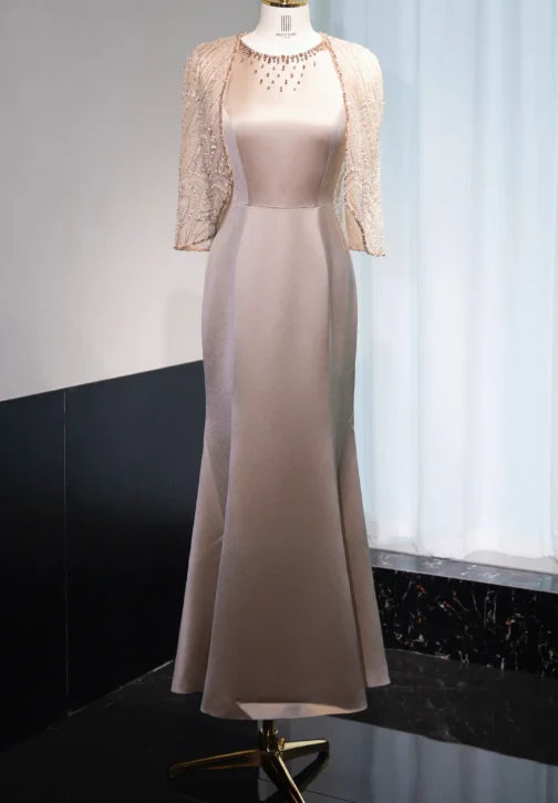 Elegant Mermaid Jewel Satin Champagne Mother of the Bride Dresses With Cape