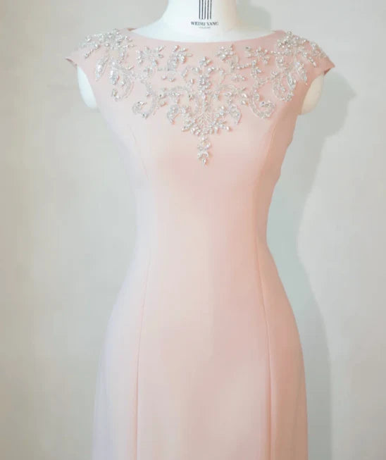 Elegant Mermaid Jewel Satin Pink Mother of the Bride Dresses With Beaded