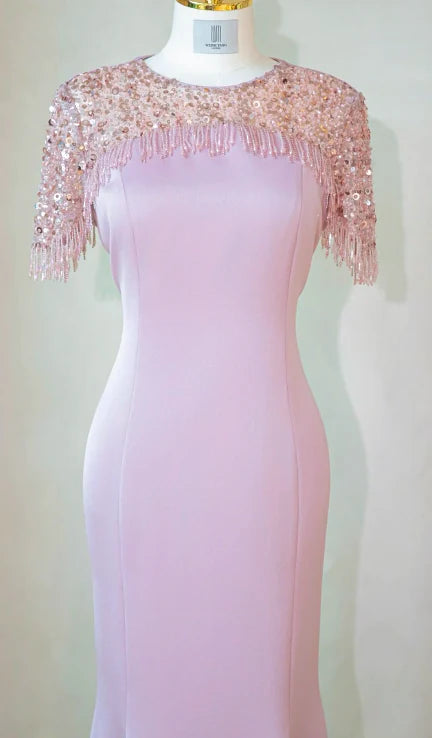 Elegant Mermaid Jewel Satin Pink Mother of the Bride Dresses With Fringes
