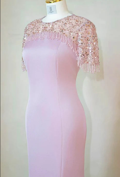 Elegant Mermaid Jewel Satin Pink Mother of the Bride Dresses With Fringes