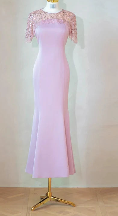 Elegant Mermaid Jewel Satin Pink Mother of the Bride Dresses With Fringes