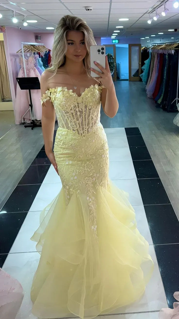Elegant Mermaid Off-Shoulder Embroidered Tulle Yellow Floor-Length Prom Dress for Women