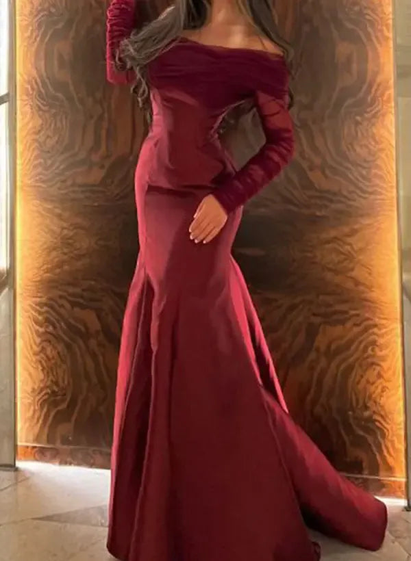 Elegant Mermaid Off-Shoulder Long-Sleeve Ruched Burgundy Floor-Length Evening Dress