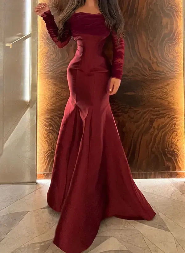 Elegant Mermaid Off-Shoulder Long-Sleeve Ruched Burgundy Floor-Length Evening Dress