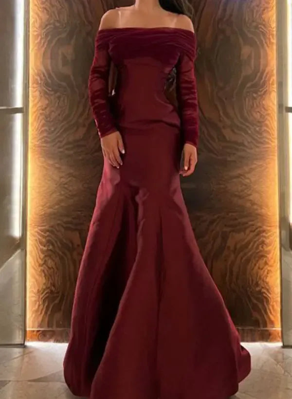 Elegant Mermaid Off-Shoulder Long-Sleeve Ruched Burgundy Floor-Length Evening Dress
