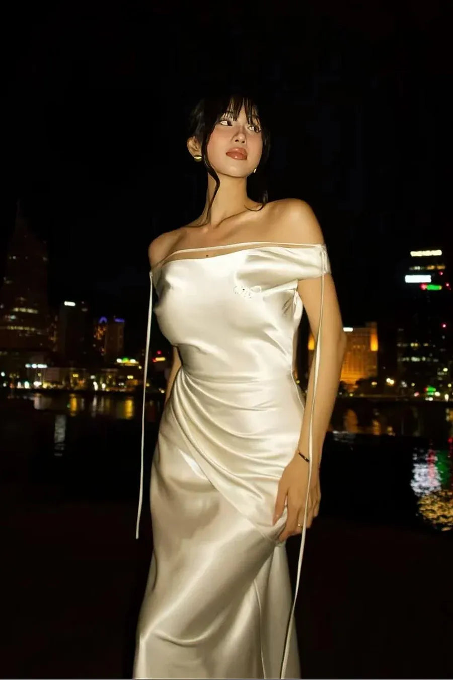 Elegant Mermaid Off-Shoulder Ruched Satin Off White Floor-Length Prom Dress