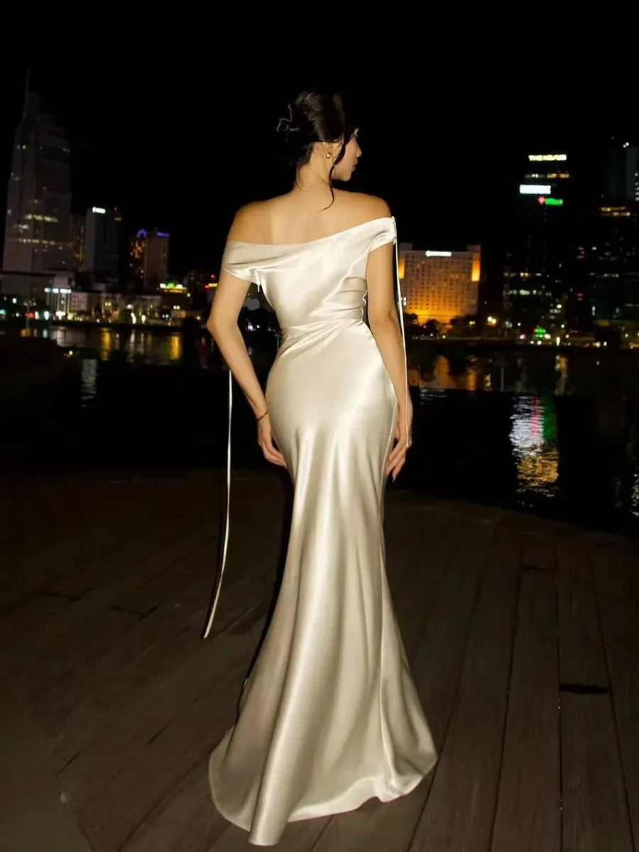 Elegant Mermaid Off-Shoulder Ruched Satin Off White Floor-Length Prom Dress