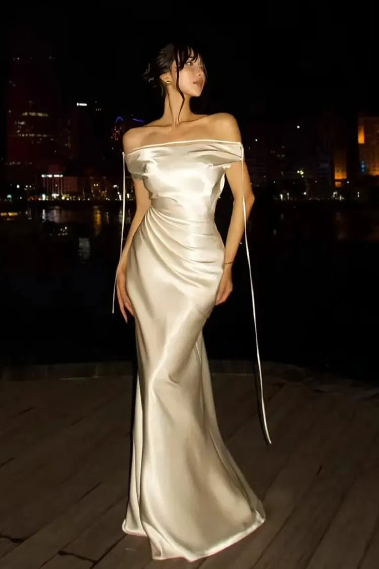 Elegant Mermaid Off-Shoulder Ruched Satin Off White Floor-Length Prom Dress