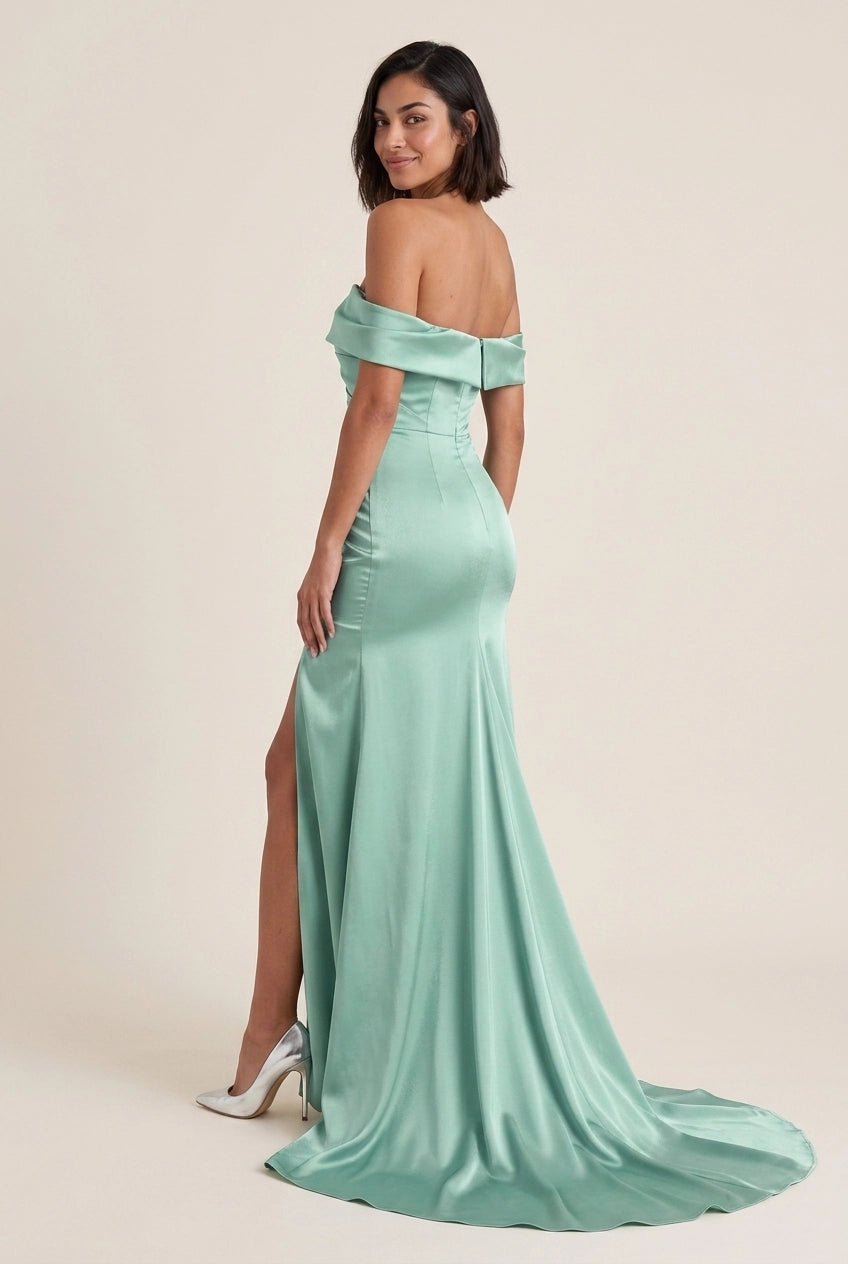 Elegant Mermaid Off-Shoulder Ruched Satin Sage Train Prom Dress With High Slit