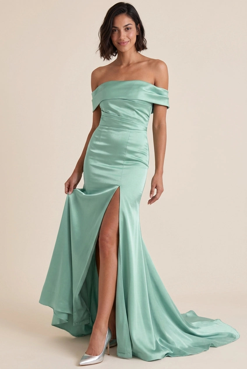 Elegant Mermaid Off-Shoulder Ruched Satin Sage Train Prom Dress With High Slit